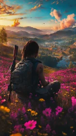 Lone trekker overlooking neon valley under cinematic sunset.