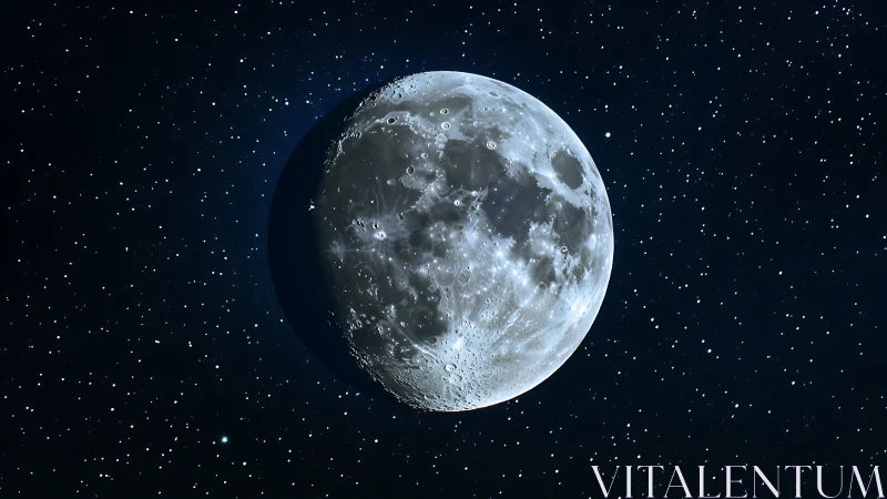 Luminous lunar mariner adrift in a star-salted midnight sky.