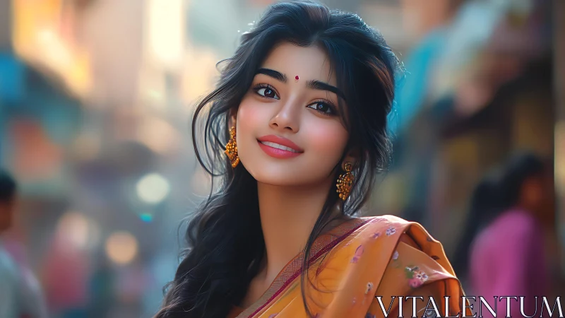 Young woman in golden saree smiles on vibrant street.