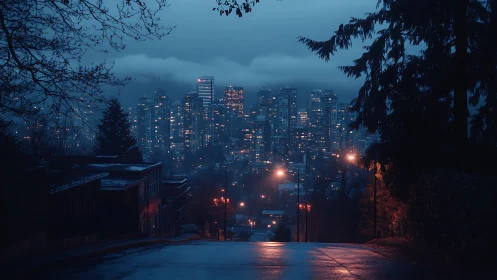 Rainy hill street overlooks dense blue city skyline