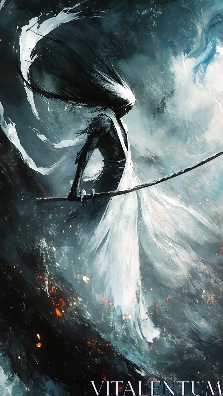 Stormbound spirit warrior strides through fractured twilight.