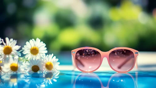 Pink Sunglasses by the Pool with Daisies.
