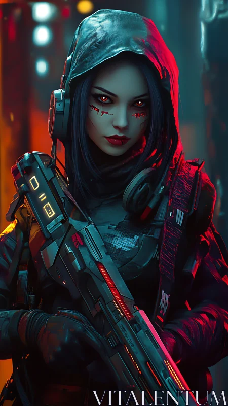 Cyberpunk sharpshooter in neon hood with glowing rifle.