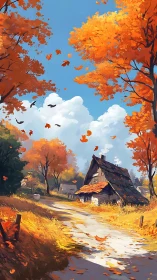 Rural cottage under vivid autumn canopy and drifting leaves.
