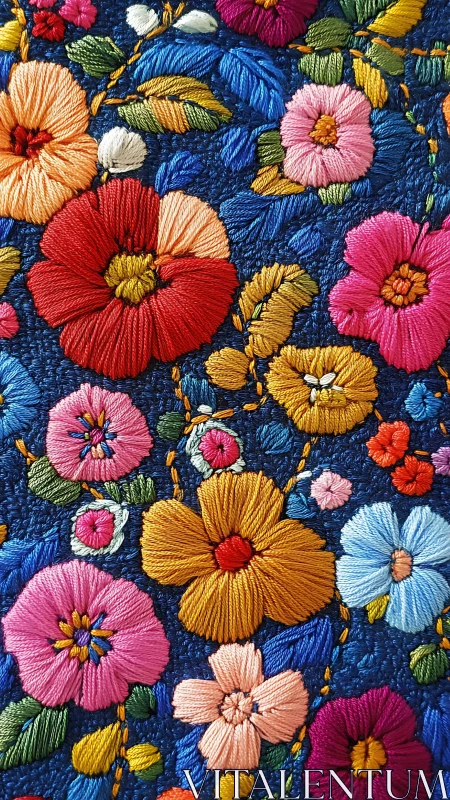 Vibrant Embroidered Florals on Indigo Ground.