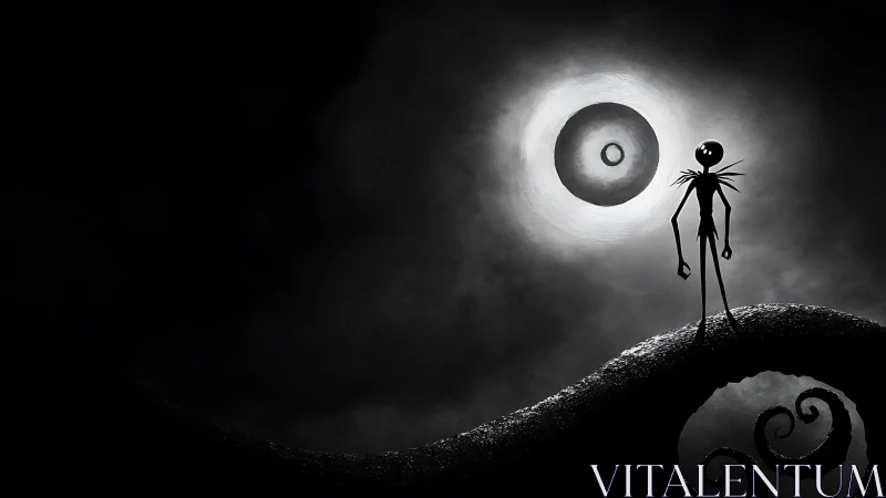 Tall shadowy dreamer gazing up at a glowing moonlit sky.