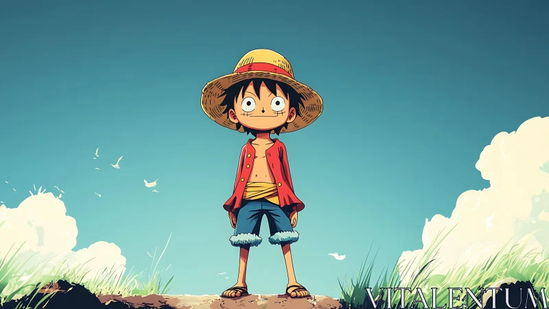 Straw-hat dreamer gazes skyward on a breezy sunlit hilltop.