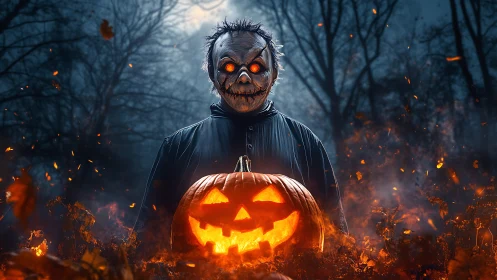 Spooky pumpkin guardian glowing in a misty Halloween forest.