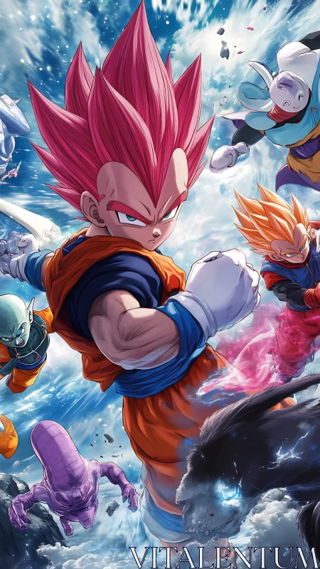 Fierce pink‑haired warrior leading a wild cosmic showdown.