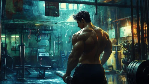 Midnight gym warrior pausing in the glow of neon rain.