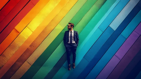 Stylish businessman stands against bold rainbow wall backdrop.