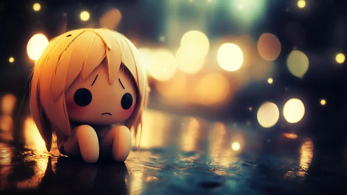 Small stylized figure sits on reflective wet surface at night