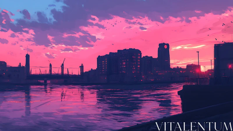 City waterfront skyline under vivid pink sunset glow.