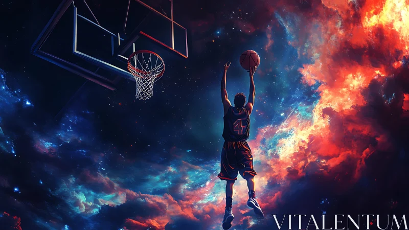 Basketball player soars toward cosmic hoop through nebula sky