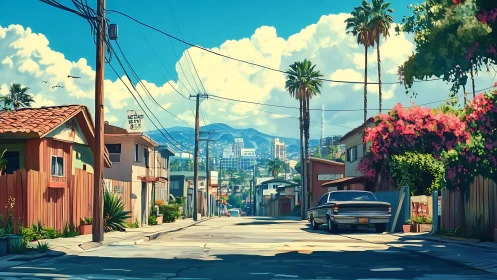 Sunlit suburban street leads toward distant coastal skyline