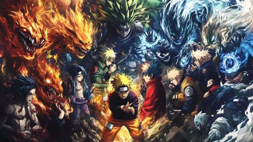 Naruto characters facing elemental beasts in battle formation.