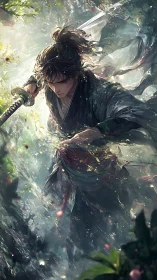 Stormlit ronin carves silence through a painted downpour.