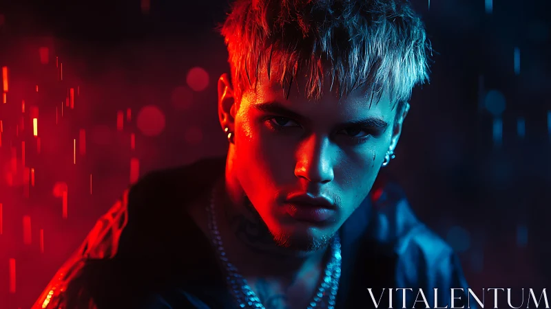 Moody night portrait glowing with bold neon red and blue light.