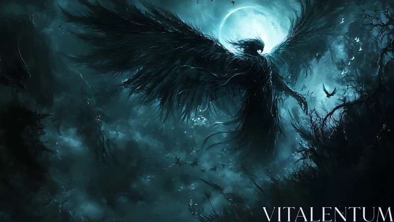 Midnight winged guardian rising beneath a haunted moon.