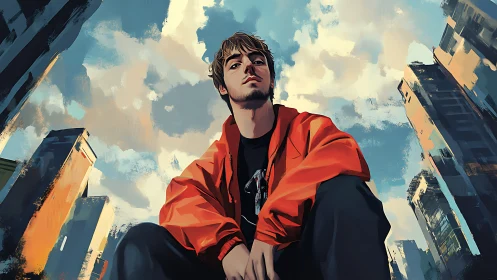 Skyline rebel in orange jacket ruling painted city streets.