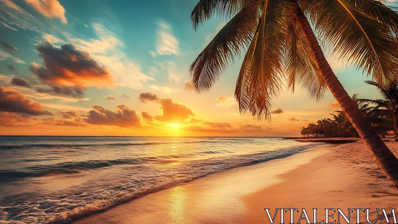 Sunlit tropical shoreline under vivid golden sunset glow.