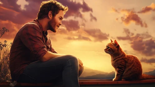 Man and orange cat share quiet sunset moment on rooftop