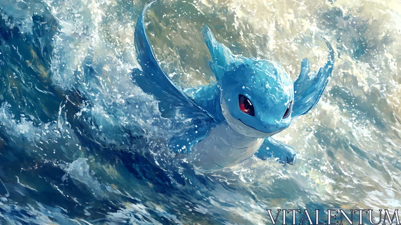 Dynamic blue creature surfing turbulent foamy ocean waves