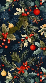 Midnight holly branches waltz with bright winter baubles