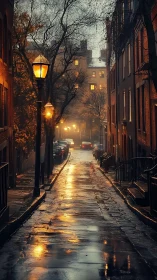 Rain-soaked city alley glows under warm evening streetlights