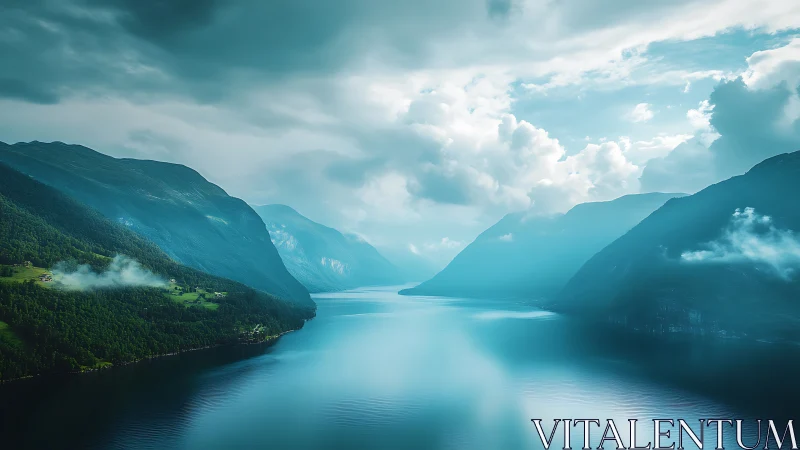 Panoramic glacial fjord under moody atmospheric perspective