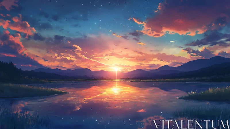 Sunset illuminates tranquil mountain lake with vivid clouds