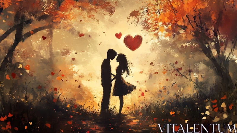 Silhouetted couple kissing in autumn forest surrounded by falling hearts.