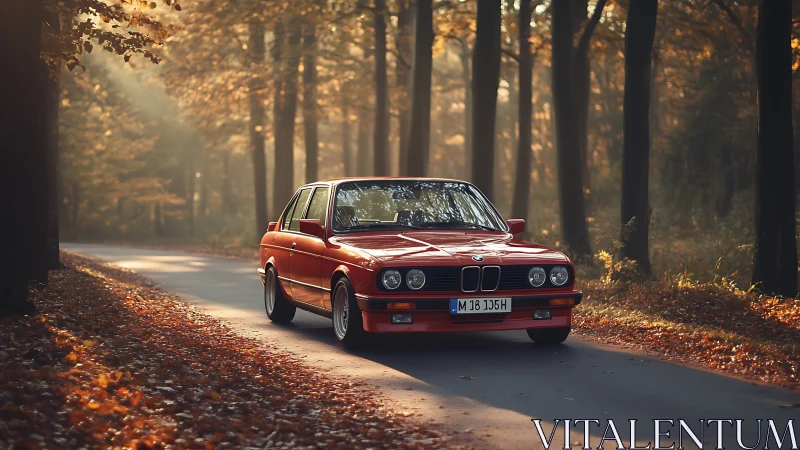 Classic red BMW sedan drives through sunlit autumn forest.