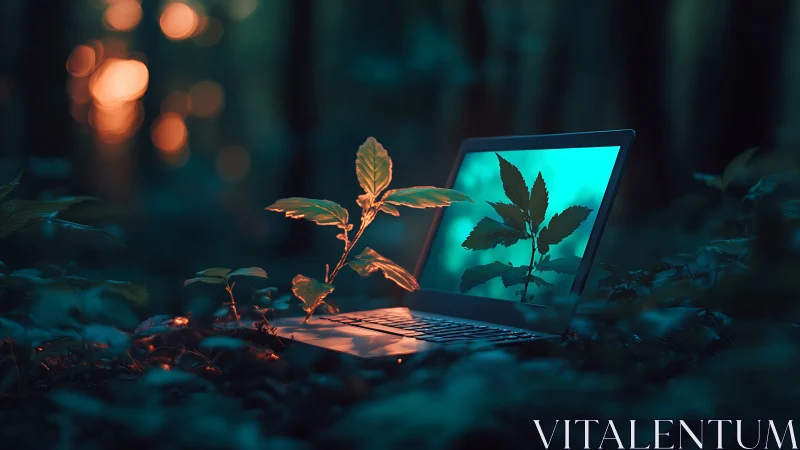 Forest laptop glow where tender new leaves meet screens.