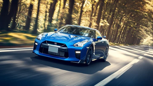 High-performance blue sports coupe captured in dynamic motion blur