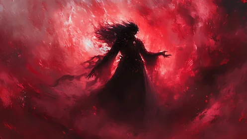 Shadowed sorcerer rising inside a swirling crimson storm.