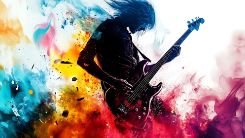 Rock bassist silhouette ignites explosive neon color storm