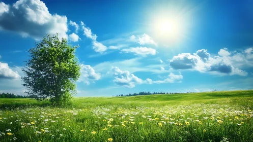 Sunlit meadow landscape with lone tree and vivid blue sky.