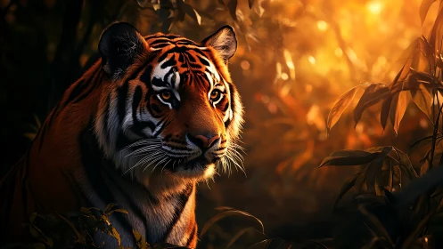 Tiger in dense jungle lit by strong golden sunset glow.