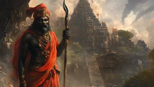 Temple sentinel in ember robes before stormlit citadel.