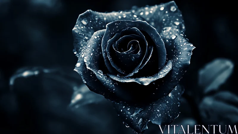 Midnight rose curls inward while raindrops script secrets