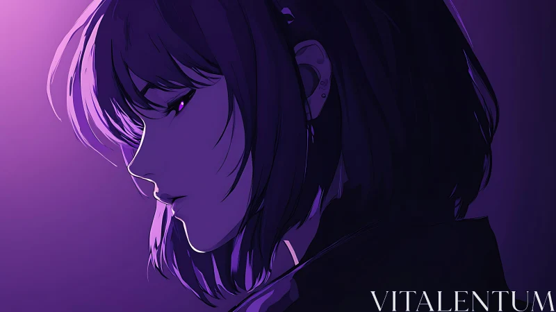 Side profile of short-haired figure in purple lighting.