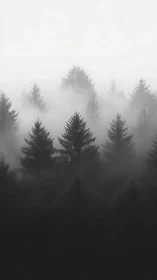 Fog-drenched conifer forest in high-contrast monochrome study.