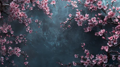 Pink Cherry Blossom Branches Against Textured Teal Backdrop