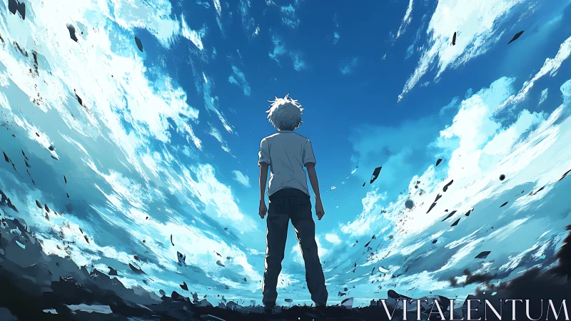 Lone dreamer stands beneath a vast sky of swirling clouds