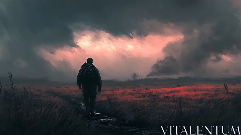 Lone wanderer crossing stormy fields at glowing dusk.