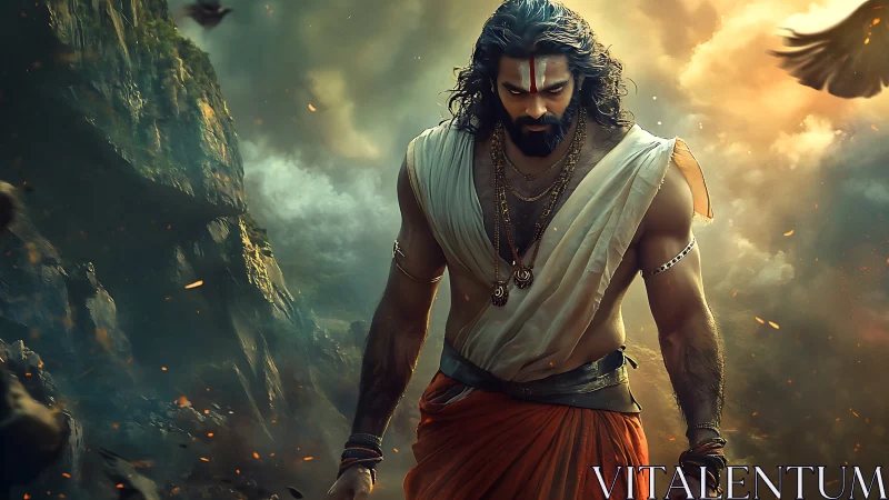 Warrior monk strides through stormlit canyon in divine rage