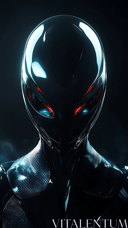 Futuristic biomechanical alien portrait glows with red eyes