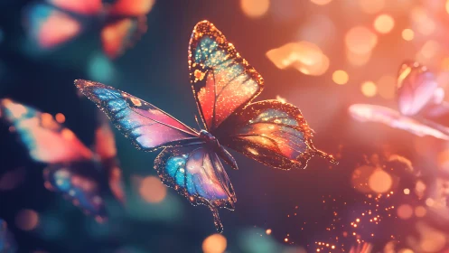 Starlit butterflies drift through molten dusk and glittering air.