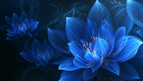 Luminous Blue Lotus Flowers Blooming in Darkness.